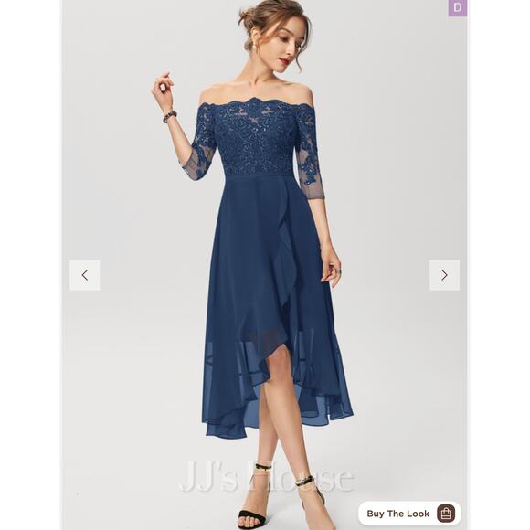 NWT JJ's House SZ 8 A-line Sequin Lace Chiffon Asymmetrical Cocktail Dress Navy - Picture 1 of 16